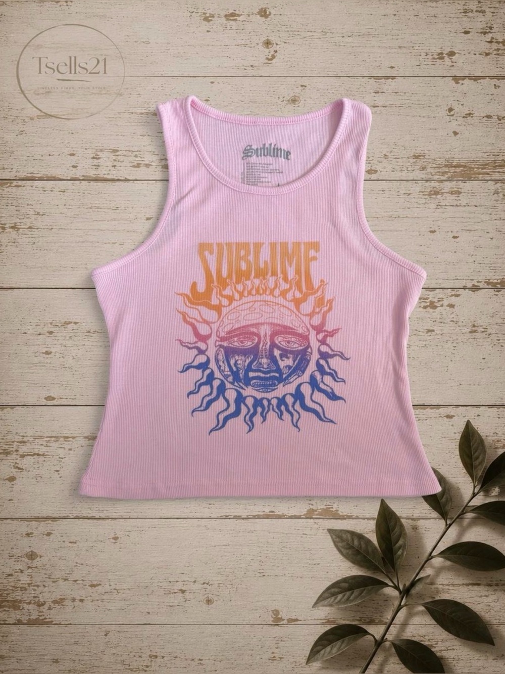 Sublime Pink Cotton Blend Ribbed Graphic Tank Top – Gradient Sun Logo - Size L